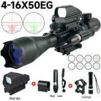 4-16x50EG Tactical Hunting Combo Scope Red/green Laser+flashlight+ HD Red/Green Dot Sights+Clamp Airsoft Riflescope Accsesories