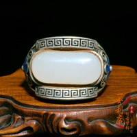 古玩收藏老銀鑲嵌白玉戒指首飾老古玉戒面烤藍開口本命玉戒指