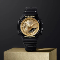 【CASIO 卡西歐】G-SHOCK 八角防護構造雙顯手錶-時尚黑金 畢業 禮物(GA-2100GB-1A)