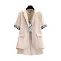 Plus Size Women Blazer Short Suit Female Jacket Coat Leopard Vest Top And Pant Three Piece Matching Set Female Summer Clothes