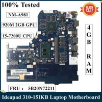 LSC Refurbished For Lenovo Ideapad 310-15IKB Laptop Motherboard FRU 5B20N72211 NM-A981 I5-7200U CPU 4GB RAM 920M 2GB GPU