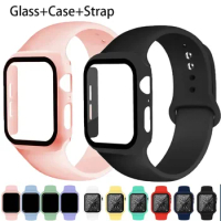 Glass+Case+Strap For Apple Watch ultra 2 Band 44mm 40mm 45 41mm 38 42mm Silicone Case bands Bracelet iWatch Series 9 7 6 5 4 3 8