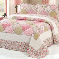 43 100%Cotton Pink Floral Bedspread Plaid Patchwork Bedspread Coverlet Quilte set Queen size 3pcs Bed cover set Pillow shams