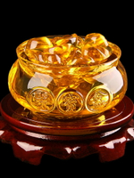 黃水晶聚寶盆擺件底座淄博琉璃元寶玄關客廳桌面飾品辦公居家開業