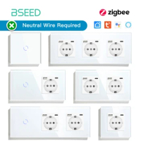 BSEED 1/2/3Gang ZigBee Touch Switch Smart Wall Light Switches Smart Life APP Google Alexa No Neutral Glass with Normal EU Socket