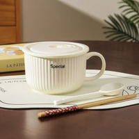 全城熱賣 - 忌廉風陶瓷泡麪碗家用帶蓋保鮮飯碗可微波爐學生手柄碗上班便當盒（奶白色）5.2英寸泡麪碗+保鮮蓋+白長勺+筷子 800ml