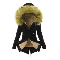 Women Cotton Blend Jacket Windproof Winter Down Coat with Furry Hood Pockets Zipper Closure Heat Ret