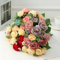 32cm Rose Pink Silk Peony Artificial Flowers Bouquet 5 Big Head and 4 Bud Cheap Fake Flowers for Home Wedding Decoration indoor