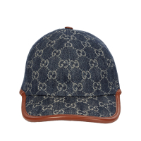 GUCCI 古馳 滿版Logo 皮革滾邊 棒球帽 帽子 牛仔 丹寧 藍色 656206 M