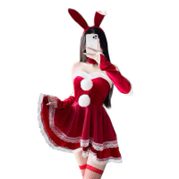 俏皮聖誕兔女郎 七件式桃心領雙層蕾絲絨毛連身洋裝