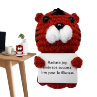 Positive Crochet Crochet Doll Decor 10cm Cartoon Panda Bunny Tiger Bear Decor Cheer Up Knitted Doll Holding Card Funny Cute
