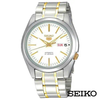 SEIKO精工  半金經典5號自動上鍊機械腕錶-白+金x38mm SNKL47J1