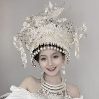 Minorit Miao Head Jewelry Head Props Guangxi Hat Alloy Metal Silver Color Headwear Large Head Jewelry Yunnan Headwear Jewelry