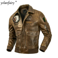 Flight Suit Real Leather Jacket Mens Spring Autumn Oil Wax Horse Leather Jacket Male Air Force Pilot Leather Jacket Trendy Coat
