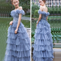 【女神婚紗禮服】極致浪漫性感蛋糕裙宴會晚禮服 LA71414 藍色(訂婚禮服 敬酒服)