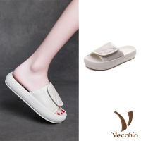 【Vecchio】真皮拖鞋 厚底拖鞋/真皮頭層羊皮魔鬼粘設計厚底拖鞋(米)