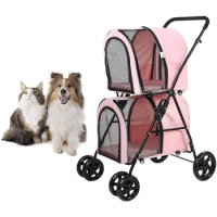 Amazon hot selling easy fold 4 wheels large pet dog stroller double cabin travel carriage