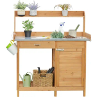 Yaheetech Outdoor Garden Potting Bench Table Work Bench Metal Tabletop W/Cabinet Drawer Open Shelf Natural Wood