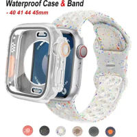 Waterproof Case + Original Sport Rubber Strap for Apple Watch Band 41 45 40 44mm Colored Particles Band for IWatch 9 8 7 6 5 SE
