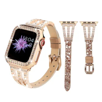 Diamond Case + Leather Strap for Apple Watch 45mm 41mm 44mm 40mm 42mm 38mm Ultra 49mm Women Metal Bracelet iWatch 8 7 6 5 4 3 SE