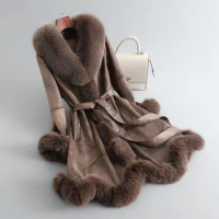 Fox fur collar fur integrated coat for women, medium length, 2023 new whole skin rabbit fur, Haining fur winter coat for women