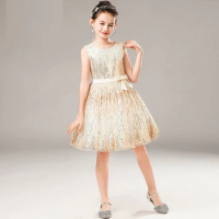 Flower Girl Dresses Gold Evening Sequin Princess Skirt Children Stage Catwalk Piano Violin Performance Short