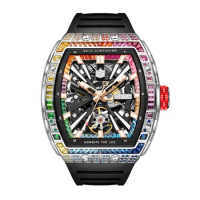 GEYA Automatic Mechanical Men’s Watch, Skeleton Dial with Multi-Color Diamonds Tonneau Stainless Ste