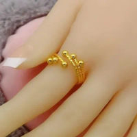 Two Piece Set of Lucky Beads Ring Pure Plated Real 18k Yellow Gold 999 24k Bracelet with Adjustable Opening Never Fade Jewel