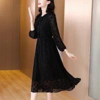 2023 New Fashion Black Silk Printed Dress Women's Summer Vintage 3/4 Sleeve Loose Fit Casual Holiday Dress Vestidos