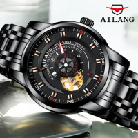 AILANG New Fashion Black Mechanical Watches For Men Hollow Automatic Watch Stainless Steel Waterproof Clock Mens Reloj Hombre