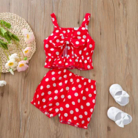 Summer girls' suit, red polka dot suspender top + shorts, two-piece suit, European and American style cotton children's clothing