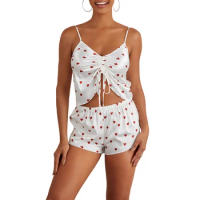 Women 2 Piece Silk Pajama Set Heart Print Drawstring Camisole Tops and Elastic Shorts for Loungewear Soft Sleepwear