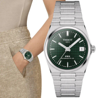 【TISSOT 天梭 官方授權】PRX系列 1970年代復刻 綠面 機械女錶 禮物 推薦(T1372071109100)