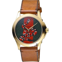【GUCCI 古馳】珊瑚蛇刺繡手錶-咖啡色錶帶/38mm(YA1264012)