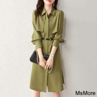 【MsMore】時尚優雅軍綠純色襯衫領長袖連身裙中長版洋裝#121036(軍綠)