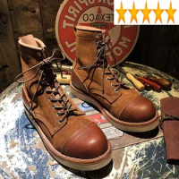 Winter Vintage Mens Patchwork 2021 Cow Suede Leather Work Safety Shoes Round Toe Ankle Lace Up Moto Biker High Top Boots