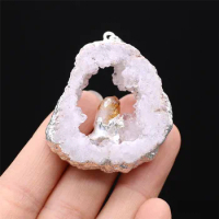 Natural Agate Quartz Geode Slice Pendant Crystals Amethyst Inlaid silver Edge Irregular Hollow Necklace for Women Jewelry