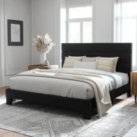 King Size Platform Bed Frame with Velvet Upholstered Headboard and Wooden Slats Support, Fully Upholstered Mattress Foundation