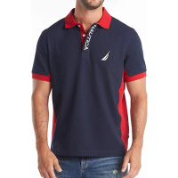 【NAUTICA】2023男時尚棉質彈性針織寶藍紅色塊短袖Polo衫-網(預購)