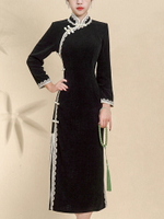 旗袍 旗袍洋裝 洋裝 黑色旗袍新款2023高端氣質新中式國風改良年輕款少女洋裝秋冬款『ZW6539』