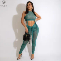VAZN 2022 New Luxury Desinger Sexy Club Young See Through Lace Bandage Top High Waist Long Pencil Pants Women 2 Piece Set