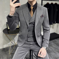 New (Blazer+ Vest + Pants) Senior Counter Quality Men's Fashion Slim Gentleman Leisure Host Double Slit Formal 3-piece M-6XL