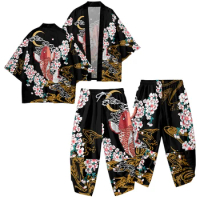 Plus Size 5XL 6XL Kimono Cardigan Pants Set Traditional Japanese Samurai Costume Men Women Print Flower Fish Shirt Haori Yukata