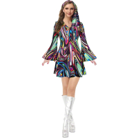 <914>Women hippie dress with headband 60s 70s peace love costume long sleeve printing disco hippie d