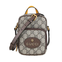 【GUCCI 古馳】GUCCI NEO VINTAGE燙印字LOGO立體小虎頭設計Supreme帆布拉鍊手提斜背包(迷你/米x深棕x姜黃)