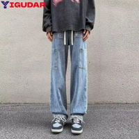 Men Jean Pants Japanese Retro Washed Straight Wide-Leg Jeans Loose Big Pocket Couple Hip Hop Street Denim Pants Male y2k