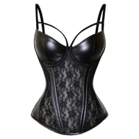 Burlesque Corset for Women Shoulder Strap PVC Corset Sexy Overbust Corset Lingerie Top With 3/4 Padded Cup Black Lace Corset