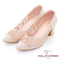 【CUMAR】鏤空鑽飾粗跟鞋-粉金