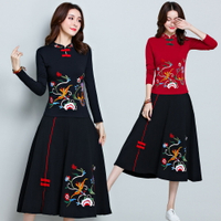 春季民族風連衣裙套裝文藝復古中國風立領盤扣繡花大碼兩件套1入