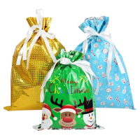 5pcs Christmas Favors Candy Bags Santa Claus PVC Foil Drawstring Bags Christmas Party Gift Packaging Bag New Year Noel Supplies